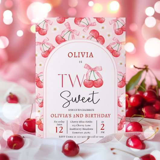 コケットさくらんぼ2つの甘い2番目の誕生日パーティー 招待状