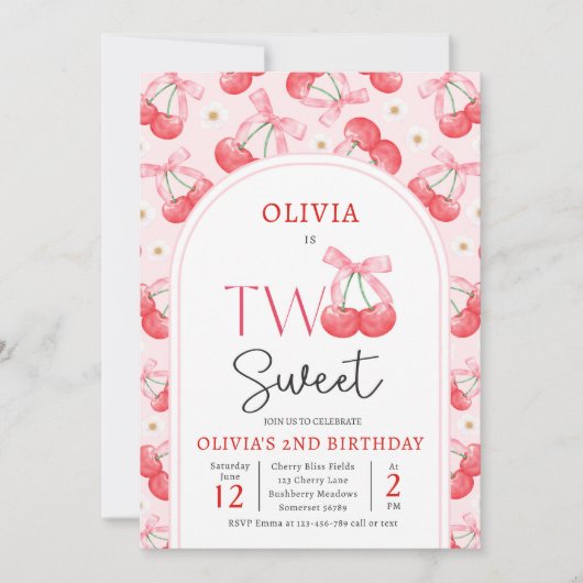 コケットさくらんぼ2つの甘い2番目の誕生日パーティー 招待状 (正面)