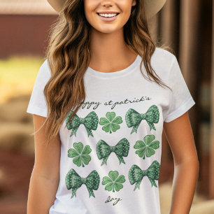 コケットのクローバーと白いドット付きグリーン弓 Tシャツ