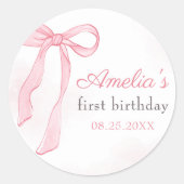 コケットウォーターカラーピンクキュートボウ誕生日 ラウンドシール (正面)