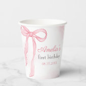 コケットウォーターカラーピンクキュートボウ誕生日 紙コップ (正面)