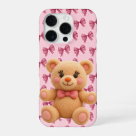 コケットカワイイ ピーチテディベアのピンクリボンプリント iPhone 16 PROケース