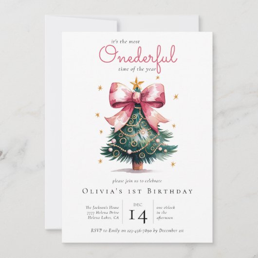 コケットクリスマスツリーボウオネダーフル1歳の誕生日 招待状 (正面)