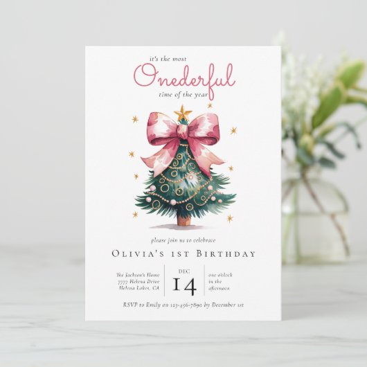 コケットクリスマスツリーボウオネダーフル1歳の誕生日 招待状 (スタンド正面)