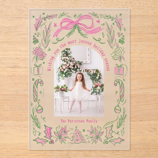 コケットクリスマスファミリーフォトピンクグリーンドードル アクリル招待状 (正面)