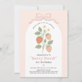 コケットストロベリー赤面ピンクボウ誕生日写真 招待状 (正面)