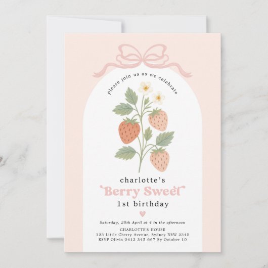 コケットストロベリー赤面ピンクボウ誕生日写真 招待状 (正面)