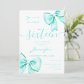 コケットターコイズティール(緑がかった色)ボウスウィート16誕生日 招待状 (スタンド正面)