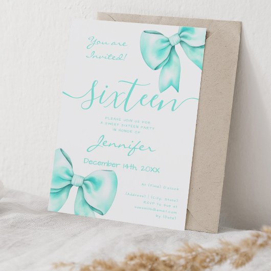 コケットターコイズティール(緑がかった色)ボウスウィート16誕生日 招待状