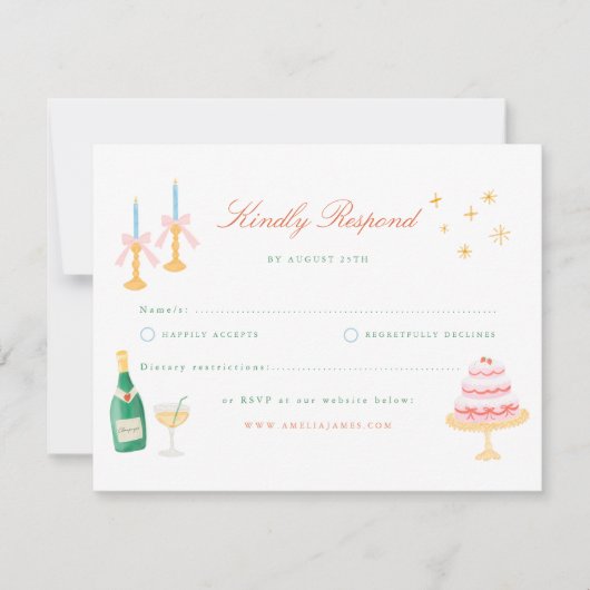 コケットチャームの手描き結婚式RSVP 出欠カード (正面)