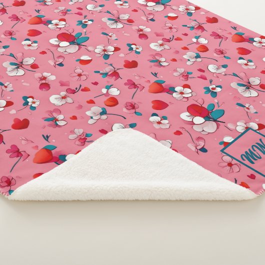 コケットハートと花ホワイトレッドティール(緑がかった色) シェルパブランケット (3/4)