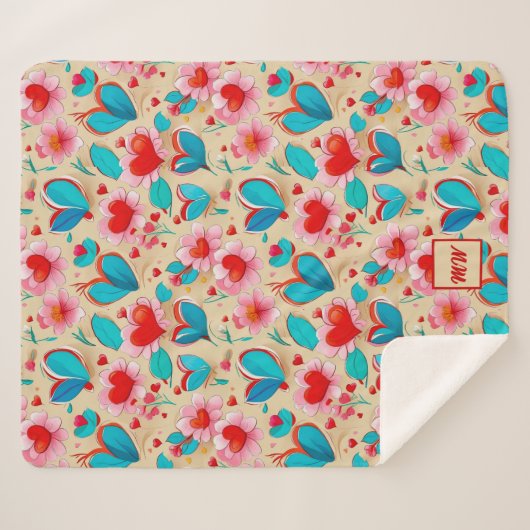 コケットハート及びフラワークリームモノグラム シェルパブランケット (正面(横))