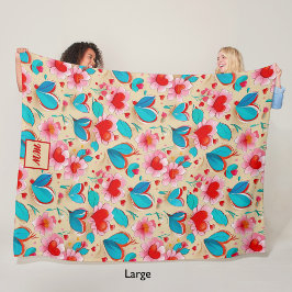 コケットハート及びフラワークリームモノグラム フリースブランケット