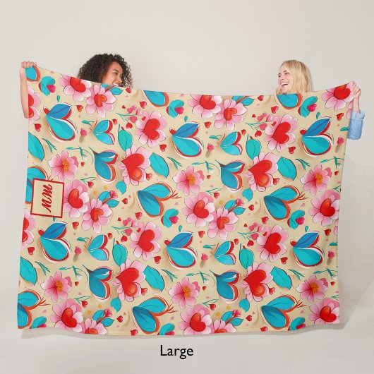 コケットハート及びフラワークリームモノグラム フリースブランケット