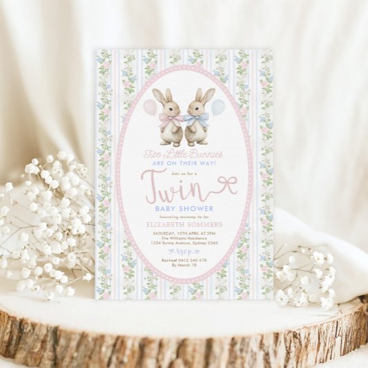 コケットバニーバルーンボーイ女の子ツインベビーシャワー 招待状