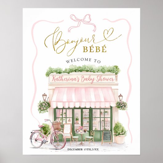 コケットパリジャンカフェフランスのピンクウェルカムサイン ポスター (正面)