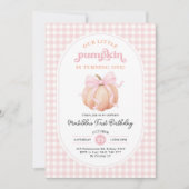 コケットパンプキンピンクリボン ガール 1歳の誕生日パーティー 招待状 (正面)