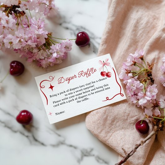 コケットピンクさくらんぼベビーシャワーおむつラッフル エンクロージャーカード