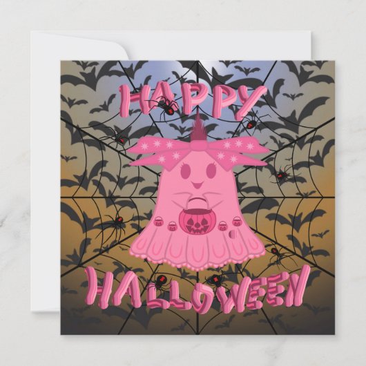 コケットピンクの幽霊 ハッピーハロウィン デジタルアート カード (正面)