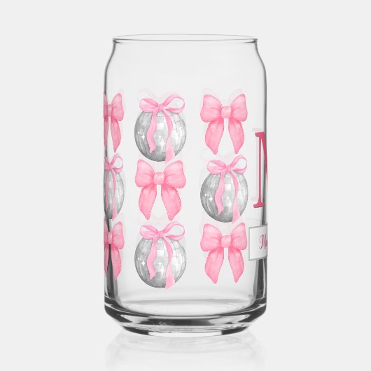 コケットピンクの弓とディスコのボール彼女のためのギフト ガラス缶 (正面)