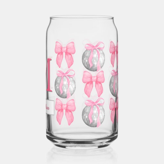 コケットピンクの弓とディスコのボール彼女のためのギフト ガラス缶 (裏面)