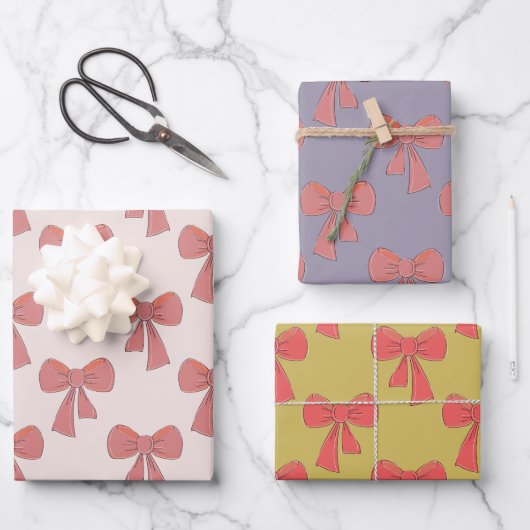 コケットピンクの手描き弓パターン ラッピングペーパーシート (正面)