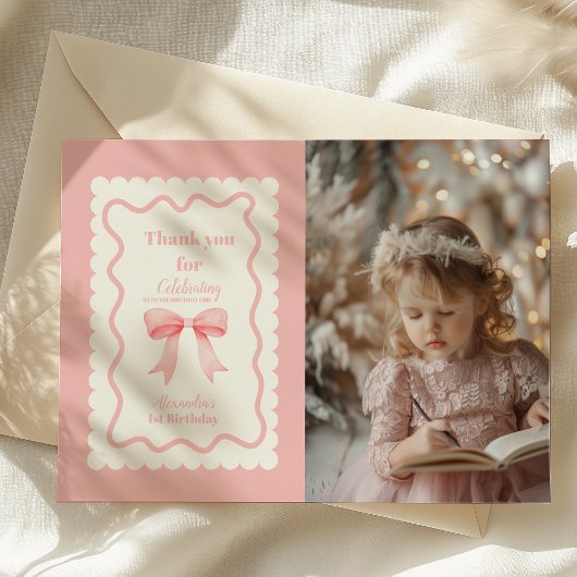 コケットピンクウォーターカラーボウ1st誕生日 サンキューカード