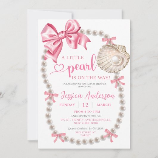 コケットピンクガール真珠ベビーシャワー招待状 招待状 (正面)