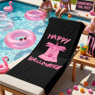 コケットピンクゴースト ハッピーハロウィンデジタルアート ビーチタオル