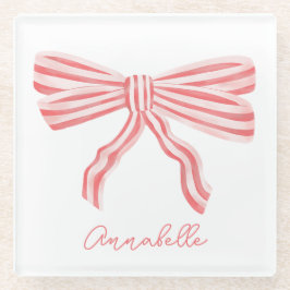 コケットピンクストライプのボウ ガラスコースター