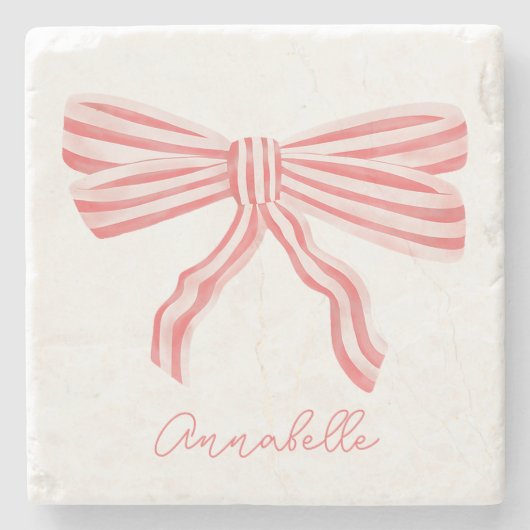 コケットピンクストライプのボウ ストーンコースター (正面)