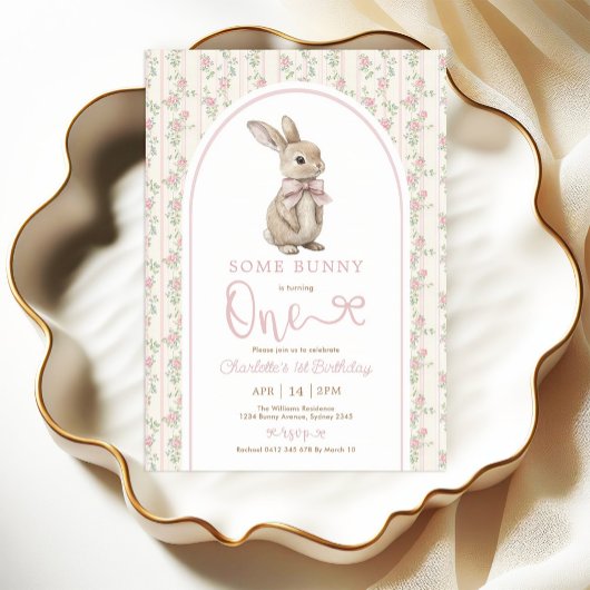 コケットピンクバニーヴィンテージウサギ1st誕生日 招待状