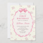 コケットピンクフローラボウ誕生日招待状 招待状 (正面)