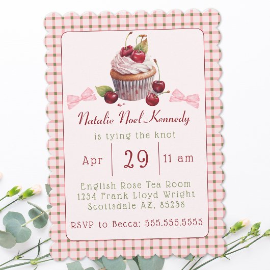 コケットピンクボウさくらんぼケーキキュートブライダルシャワー 招待状