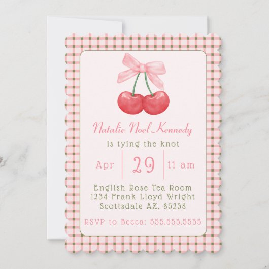 コケットピンクボウさくらんぼ美学ブライダルシャワー 招待状 (正面)
