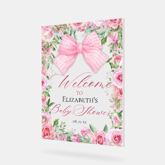 コケットピンクボウとバラベビーシャワーへようこそ アクリルサイン (傾斜)