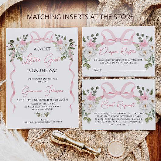 コケットピンクボウガールズウィンターフローラベビーシャワー 招待状