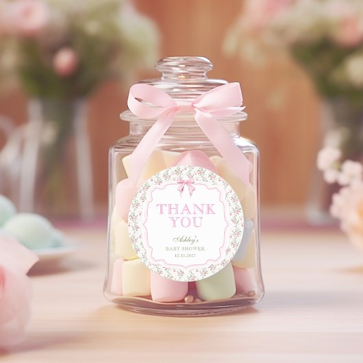 コケットピンクボウガールベイビーシャワーありがとう ラウンドシール