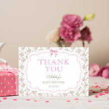コケットピンクボウガールベビーシャワーサンキューカード