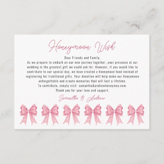 コケットピンクボウハネムーンウィッシュブライダルシャワー エンクロージャーカード (正面)