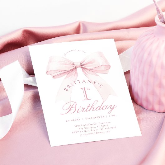 コケットピンクボウファースト誕生日招待状 招待状