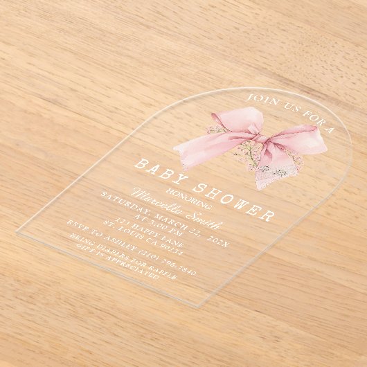 コケットピンクボウベイビーシャワーガール アクリル招待状 (レイダウン)
