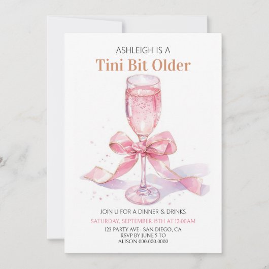 コケットピンクボウマルティーニ誕生日 招待状 (正面)