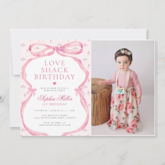 コケットピンクボウラブシャック誕生日写真 招待状 (正面)