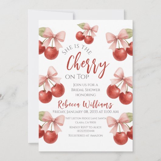 コケットピンクボウレッドさくらんぼオントップブライダルシャワー 招待状 (正面)