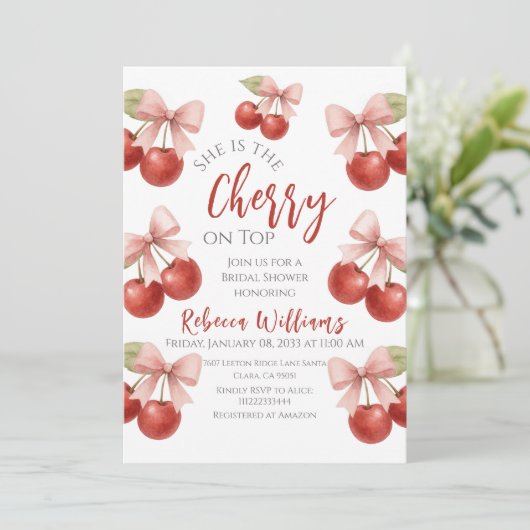 コケットピンクボウレッドさくらんぼオントップブライダルシャワー 招待状 (スタンド正面)