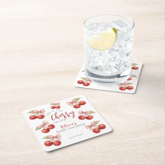 コケットピンクボウレッドさくらんぼオントップベビーシャワー スクエアペーパーコースター (インサイチュ)
