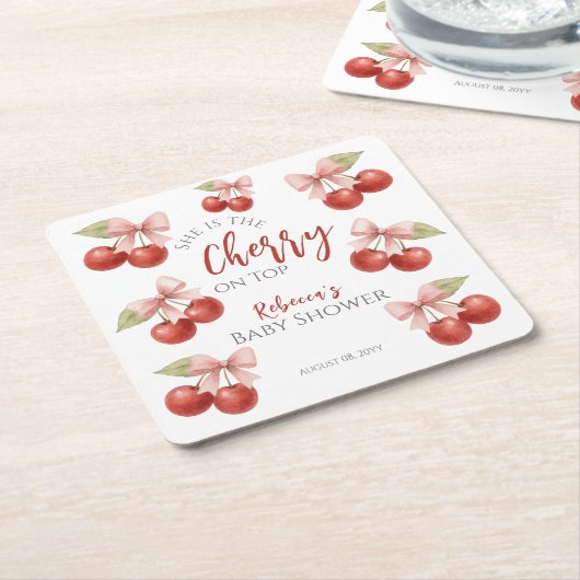 コケットピンクボウレッドさくらんぼオントップベビーシャワー スクエアペーパーコースター (アングル)