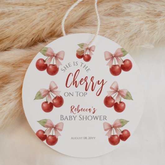 コケットピンクボウレッドさくらんぼオントップベビーシャワー フェイバータグ