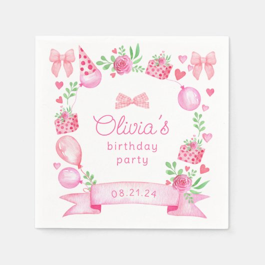 コケットピンクボウ名門私立校風のガール誕生日 スタンダードカクテルナプキン (正面)